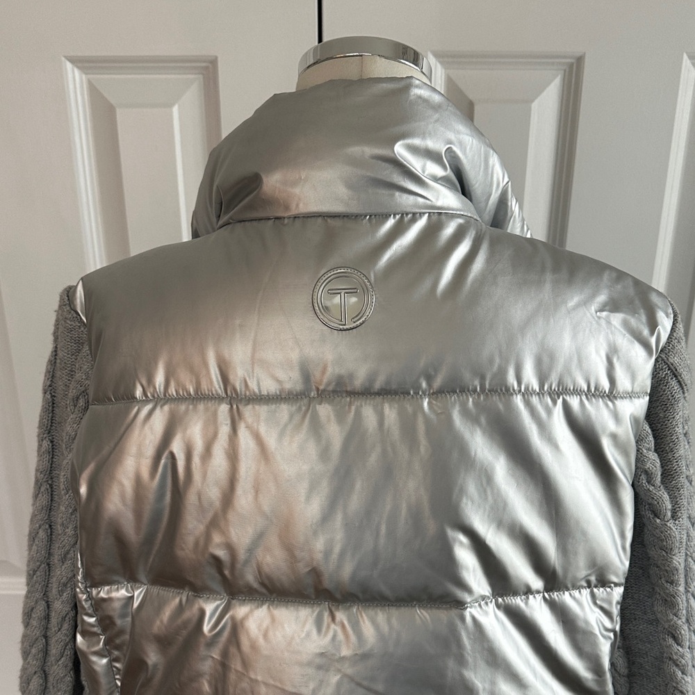 Talbots Metalic Silver Puffer Quilted Cable Knit Sleeves Winter Jacket Size L - Picture 11 of 14